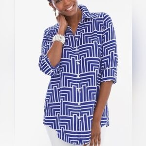Chico's Blue and White 100% Linen Geometric Button-Down Shirt Size Chicos 3 (16)